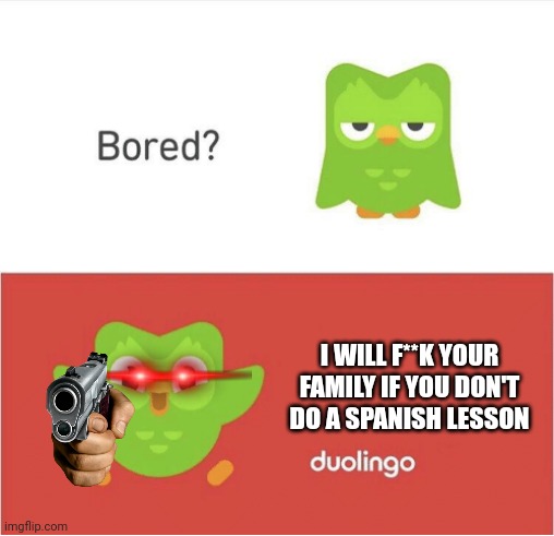 Lol | I WILL F**K YOUR FAMILY IF YOU DON'T DO A SPANISH LESSON | image tagged in duolingo bored | made w/ Imgflip meme maker