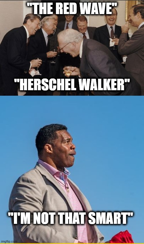 The fact that it is even close is a sad statement on the people of GA | "THE RED WAVE"; "HERSCHEL WALKER"; "I'M NOT THAT SMART" | image tagged in memes,laughing men in suits,maga,politics,idiots | made w/ Imgflip meme maker