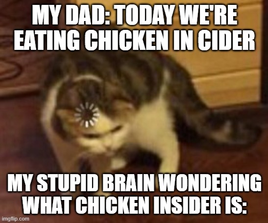 Chicken insider | MY DAD: TODAY WE'RE EATING CHICKEN IN CIDER; MY STUPID BRAIN WONDERING WHAT CHICKEN INSIDER IS: | image tagged in loading cat | made w/ Imgflip meme maker