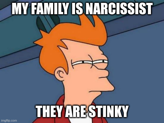 My family is narcissist | MY FAMILY IS NARCISSIST; THEY ARE STINKY | image tagged in memes,futurama fry | made w/ Imgflip meme maker