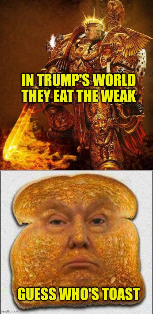 Can't wait for the revisionist history of his followers once they abandoned him | IN TRUMP'S WORLD THEY EAT THE WEAK; GUESS WHO'S TOAST | image tagged in god emperor trump,trump toast | made w/ Imgflip meme maker