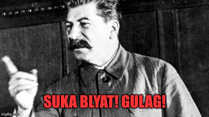 Suka blyat! | SUKA BLYAT! GULAG! | image tagged in stalin pointing,gulag,stalin,joseph stalin,russia | made w/ Imgflip meme maker