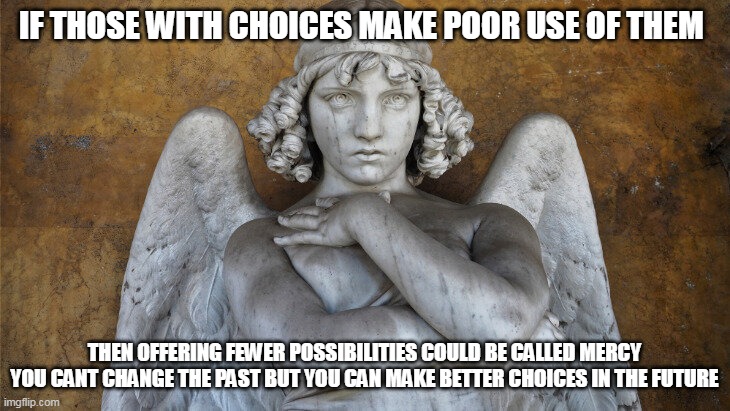 Religion | IF THOSE WITH CHOICES MAKE POOR USE OF THEM; THEN OFFERING FEWER POSSIBILITIES COULD BE CALLED MERCY YOU CANT CHANGE THE PAST BUT YOU CAN MAKE BETTER CHOICES IN THE FUTURE | image tagged in angel | made w/ Imgflip meme maker