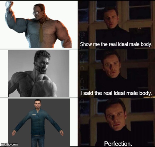 male_07 moment | Show me the real ideal male body. I said the real ideal male body. Perfection. | image tagged in show me the real,metal gear,gigachad,half life,perfection | made w/ Imgflip meme maker