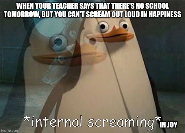 Joyful screams in the heart | WHEN YOUR TEACHER SAYS THAT THERE'S NO SCHOOL TOMORROW, BUT YOU CAN'T SCREAM OUT LOUD IN HAPPINESS; IN JOY | image tagged in private internal screaming | made w/ Imgflip meme maker