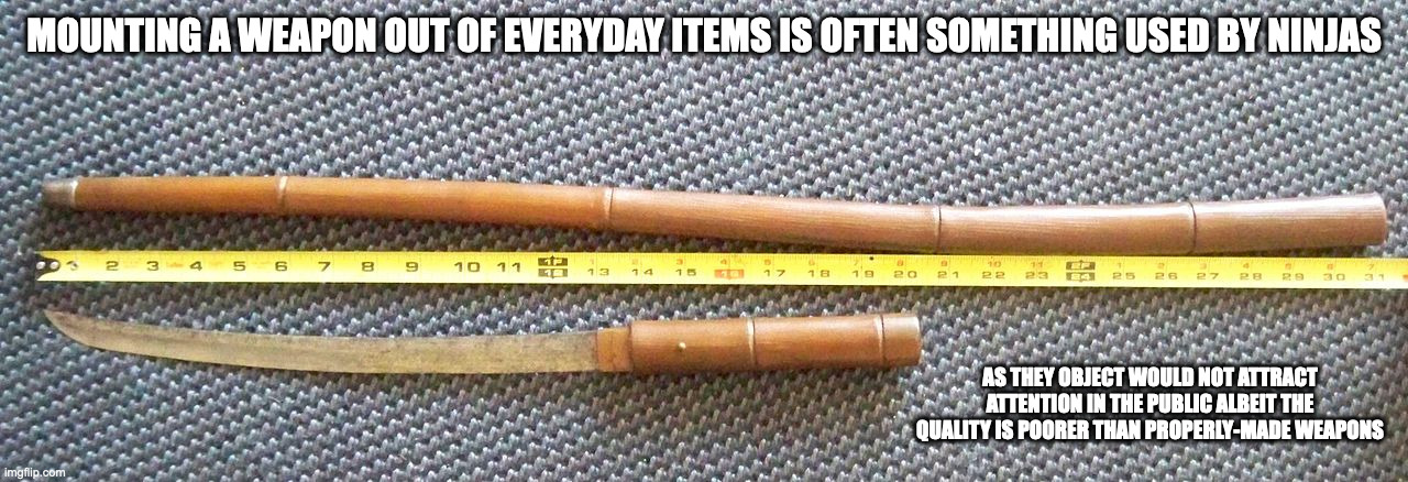 Swordstick |  MOUNTING A WEAPON OUT OF EVERYDAY ITEMS IS OFTEN SOMETHING USED BY NINJAS; AS THEY OBJECT WOULD NOT ATTRACT ATTENTION IN THE PUBLIC ALBEIT THE QUALITY IS POORER THAN PROPERLY-MADE WEAPONS | image tagged in weapons,memes | made w/ Imgflip meme maker
