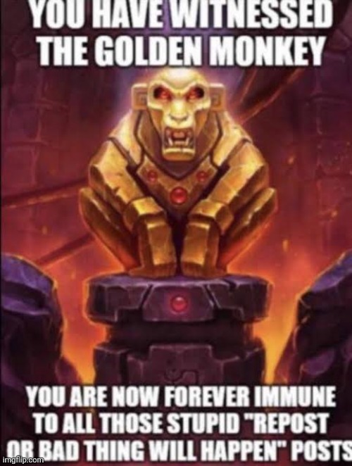 YOU HAVE WITNESSED GOLDEN MONKEY. | image tagged in repost | made w/ Imgflip meme maker