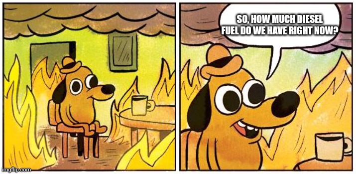 This is Fine (Blank) | SO, HOW MUCH DIESEL FUEL DO WE HAVE RIGHT NOW? | image tagged in this is fine blank | made w/ Imgflip meme maker
