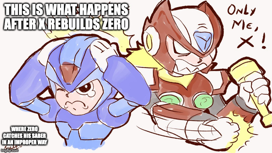 Zero Beating X on the Head | THIS IS WHAT HAPPENS AFTER X REBUILDS ZERO; WHERE ZERO CATCHES HIS SABER IN AN IMPROPER WAY | image tagged in x,zero,megaman,megaman x,memes | made w/ Imgflip meme maker