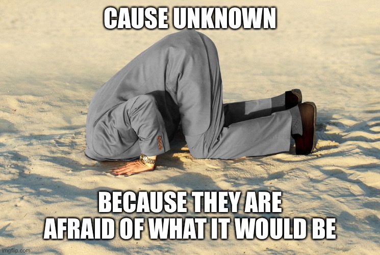 head in sand | CAUSE UNKNOWN BECAUSE THEY ARE AFRAID OF WHAT IT WOULD BE | image tagged in head in sand | made w/ Imgflip meme maker