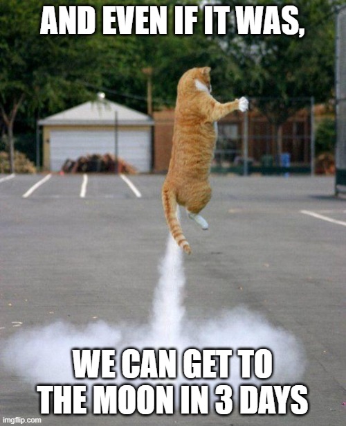 Rocket cat | AND EVEN IF IT WAS, WE CAN GET TO THE MOON IN 3 DAYS | image tagged in rocket cat | made w/ Imgflip meme maker