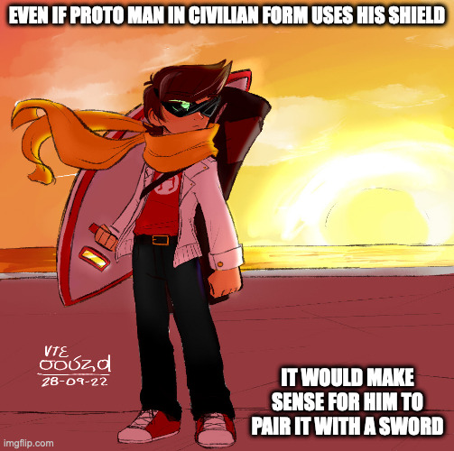 Civilian Proto Man With Shield | EVEN IF PROTO MAN IN CIVILIAN FORM USES HIS SHIELD; IT WOULD MAKE SENSE FOR HIM TO PAIR IT WITH A SWORD | image tagged in protoman,megaman,memes | made w/ Imgflip meme maker