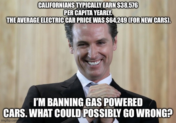 Libtards | CALIFORNIANS TYPICALLY EARN $38,576 PER CAPITA YEARLY.
 THE AVERAGE ELECTRIC CAR PRICE WAS $64,249 (FOR NEW CARS). I’M BANNING GAS POWERED CARS. WHAT COULD POSSIBLY GO WRONG? | image tagged in scheming gavin newsom | made w/ Imgflip meme maker