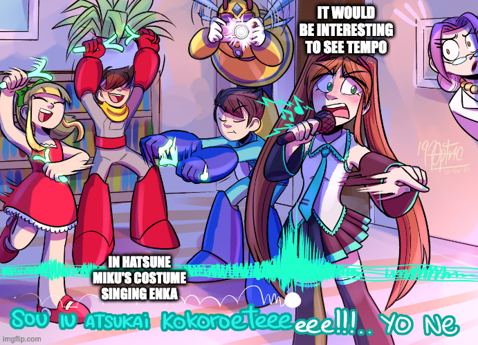 Tempo Singing Karaoke | IT WOULD BE INTERESTING TO SEE TEMPO; IN HATSUNE MIKU'S COSTUME SINGING ENKA | image tagged in megaman,tempo,memes | made w/ Imgflip meme maker