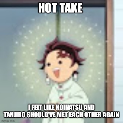 Tanjiro | HOT TAKE; I FELT LIKE KOINATSU AND TANJIRO SHOULD’VE MET EACH OTHER AGAIN | image tagged in tanjiro,demon slayer | made w/ Imgflip meme maker