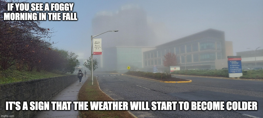 Fog in the Fall Semester at my Graduate Alma Mater | IF YOU SEE A FOGGY MORNING IN THE FALL; IT'S A SIGN THAT THE WEATHER WILL START TO BECOME COLDER | image tagged in college,fog,memes | made w/ Imgflip meme maker