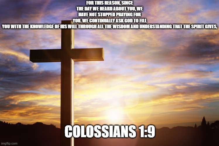 Bible Verse of the Day | FOR THIS REASON, SINCE THE DAY WE HEARD ABOUT YOU, WE HAVE NOT STOPPED PRAYING FOR YOU. WE CONTINUALLY ASK GOD TO FILL YOU WITH THE KNOWLEDGE OF HIS WILL THROUGH ALL THE WISDOM AND UNDERSTANDING THAT THE SPIRIT GIVES, COLOSSIANS 1:9 | image tagged in bible verse of the day | made w/ Imgflip meme maker