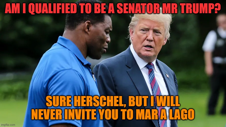 Herschel Walker Trump | AM I QUALIFIED TO BE A SENATOR MR TRUMP? SURE HERSCHEL, BUT I WILL NEVER INVITE YOU TO MAR A LAGO | image tagged in herschel walker trump | made w/ Imgflip meme maker