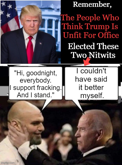 We Got The Government We "Voted" For . . . | Remember, The People Who 
Think Trump Is 
Unfit For Office; Elected These 
Two Nitwits; "Hi, goodnight, everybody.
I support fracking.
And I stand."; I couldn't 
have said 
it better 
myself. | image tagged in politics,political humor,donald trump,joe biden,john fetterman,imgflip humor | made w/ Imgflip meme maker