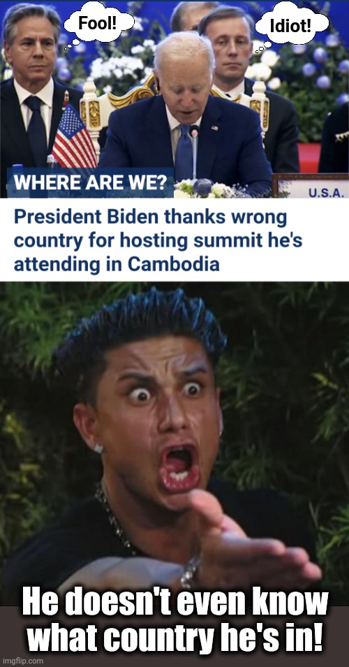 Retire him to his basement! | Fool! Idiot! He doesn't even know what country he's in! | image tagged in memes,dj pauly d,joe biden,senile creep,wrong country | made w/ Imgflip meme maker