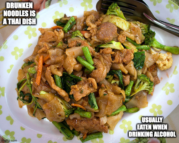 Drunken Noodles | DRUNKEN NOODLES IS A THAI DISH; USUALLY EATEN WHEN DRINKING ALCOHOL | image tagged in food,memes | made w/ Imgflip meme maker