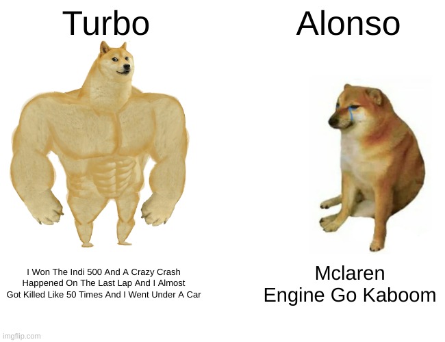 Turbo Is Confirmed Better Then Alonso In The Indi 500 | Turbo; Alonso; I Won The Indi 500 And A Crazy Crash Happened On The Last Lap And I Almost Got Killed Like 50 Times And I Went Under A Car; Mclaren Engine Go Kaboom | image tagged in memes,buff doge vs cheems | made w/ Imgflip meme maker