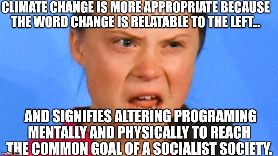 CLIMATE CHANGE IS MORE APPROPRIATE BECAUSE THE WORD CHANGE IS RELATABLE TO THE LEFT... AND SIGNIFIES ALTERING PROGRAMING MENTALLY AND PHYSIC | made w/ Imgflip meme maker