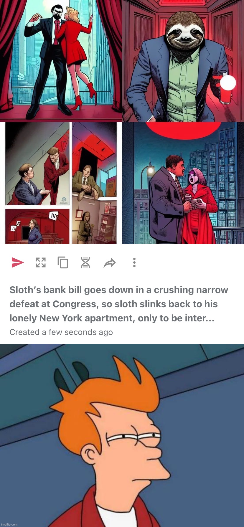 …cepted by a mysterious woman in red who is down on her luck. Not sure if I’ve seen this movie before | image tagged in sloth s bank bill goes down in a crushing narrow defeat at congr,memes,futurama fry,sloth,bank bill,out-of-place futurama fry | made w/ Imgflip meme maker