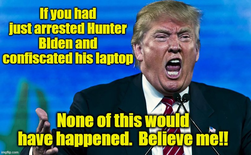 Hunter Biden Threw the Election | If you had just arrested Hunter BIden and confiscated his laptop; None of this would have happened.  Believe me!! | image tagged in angry trump,hunter biden,trump to gop,maga,donald trump is an idiot,conspiracy theories | made w/ Imgflip meme maker