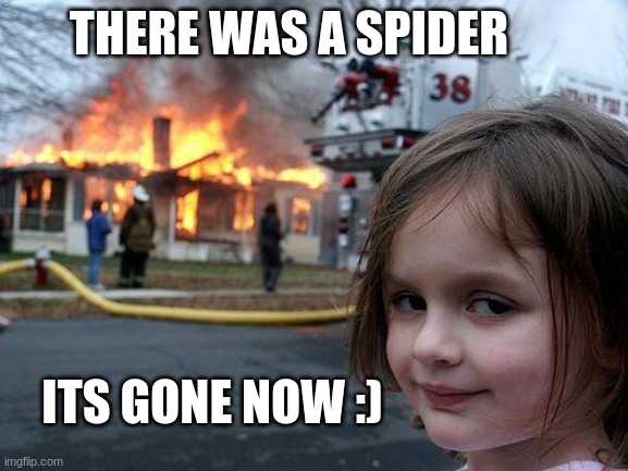 there was a spider | THERE WAS A SPIDER; ITS GONE NOW :) | image tagged in memes,disaster girl | made w/ Imgflip meme maker