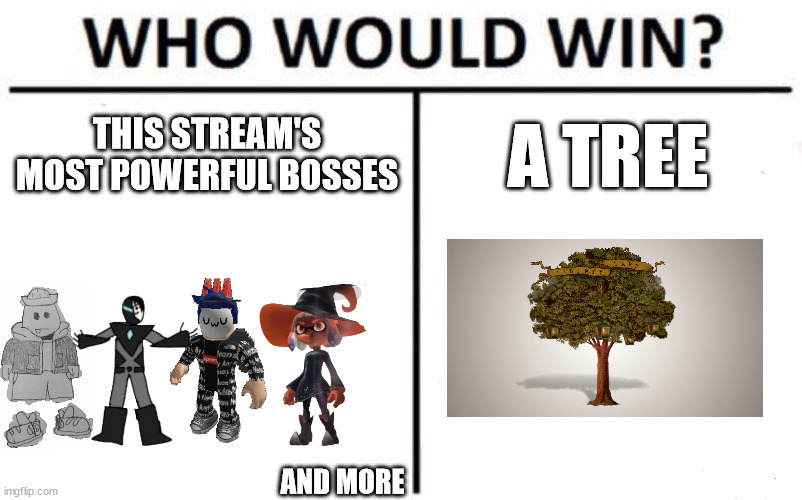 Who Would Win? | THIS STREAM'S MOST POWERFUL BOSSES; A TREE; AND MORE | image tagged in memes,who would win | made w/ Imgflip meme maker