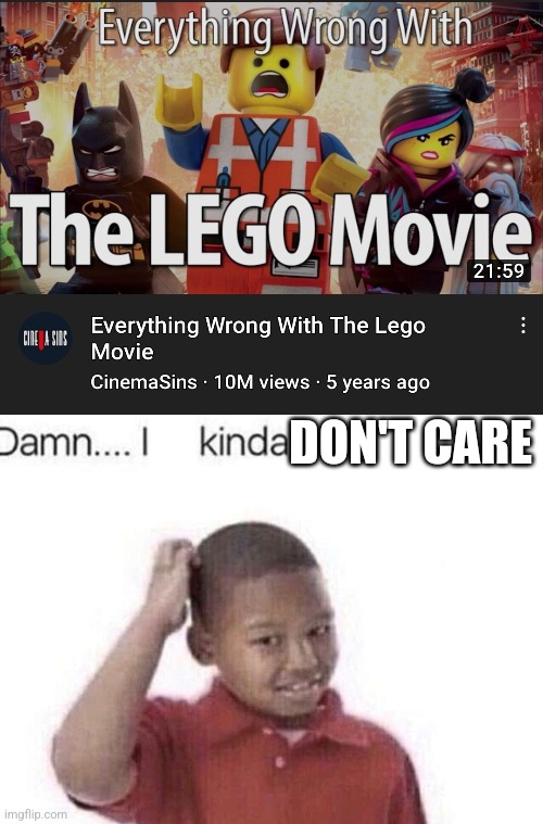 No one cares about Cinemasins, right? | DON'T CARE | image tagged in damn i kinda don t meme | made w/ Imgflip meme maker