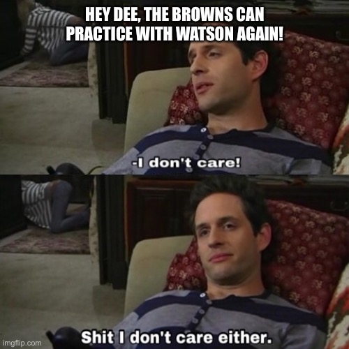 shit i dont care either | HEY DEE, THE BROWNS CAN PRACTICE WITH WATSON AGAIN! | image tagged in shit i dont care either | made w/ Imgflip meme maker