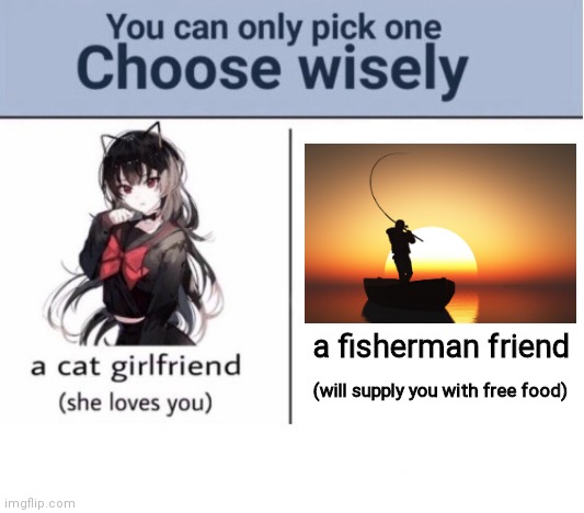 Choose wisely... |  a fisherman friend; (will supply you with free food) | image tagged in choose wisely,memes,fun,choose | made w/ Imgflip meme maker