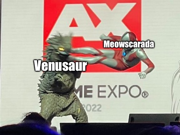 Meowscarada wins! | Meowscarada; Venusaur | image tagged in drop kick ultraman | made w/ Imgflip meme maker