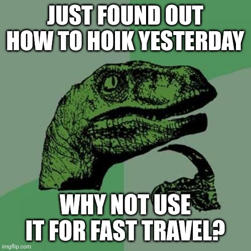 Just a thought | JUST FOUND OUT HOW TO HOIK YESTERDAY; WHY NOT USE IT FOR FAST TRAVEL? | image tagged in memes,philosoraptor | made w/ Imgflip meme maker