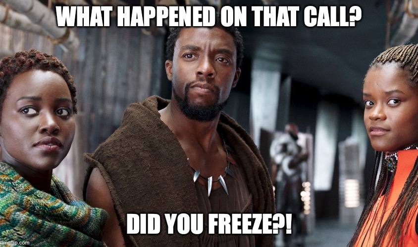 in wakanda | WHAT HAPPENED ON THAT CALL? DID YOU FREEZE?! | image tagged in in wakanda | made w/ Imgflip meme maker
