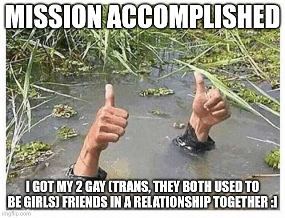 I’m fine | MISSION ACCOMPLISHED; I GOT MY 2 GAY (TRANS, THEY BOTH USED TO BE GIRLS) FRIENDS IN A RELATIONSHIP TOGETHER :] | image tagged in i m fine | made w/ Imgflip meme maker