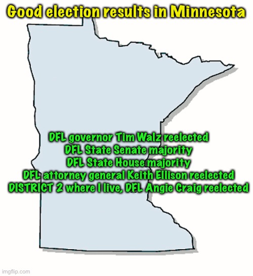 Minnesota | Good election results in Minnesota; DFL governor Tim Walz reelected
DFL State Senate majority
DFL State House majority
DFL attorney general Keith Ellison reelected
DISTRICT 2 where I live, DFL Angie Craig reelected | image tagged in minnesota outline | made w/ Imgflip meme maker