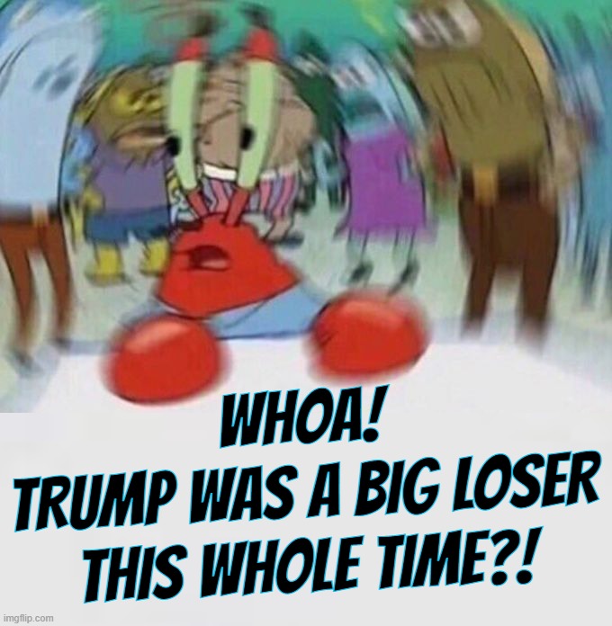 TRUMP big LOSER!! | WHOA!
TRUMP WAS A BIG LOSER
THIS WHOLE TIME?! | image tagged in mr crabs,woke | made w/ Imgflip meme maker