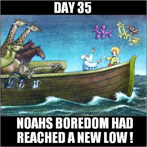 Annoying Balloon Animals ! | DAY 35; NOAHS BOREDOM HAD
REACHED A NEW LOW ! | image tagged in noah's ark,boredom,balloons,animals | made w/ Imgflip meme maker
