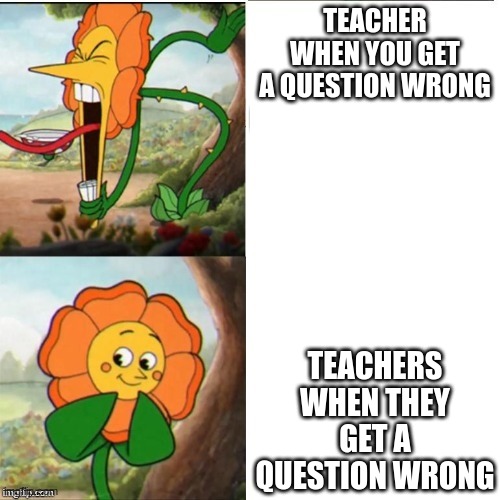 Relatable? | TEACHER WHEN YOU GET A QUESTION WRONG; TEACHERS WHEN THEY GET A QUESTION WRONG | image tagged in yelling flower,teacher,relatable | made w/ Imgflip meme maker