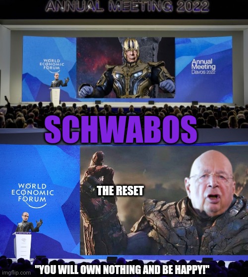 Schwabos | SCHWABOS; THE RESET; "YOU WILL OWN NOTHING AND BE HAPPY!" | image tagged in pandemic,climate change,thanos snap | made w/ Imgflip meme maker