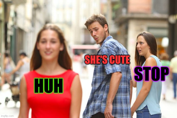 guy likes girl | SHE'S CUTE; STOP; HUH | image tagged in memes,distracted boyfriend | made w/ Imgflip meme maker