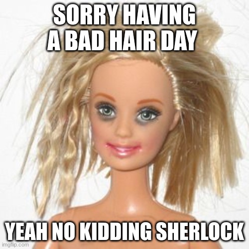 barbie estudiante | SORRY HAVING A BAD HAIR DAY; YEAH NO KIDDING SHERLOCK | image tagged in barbie estudiante | made w/ Imgflip meme maker