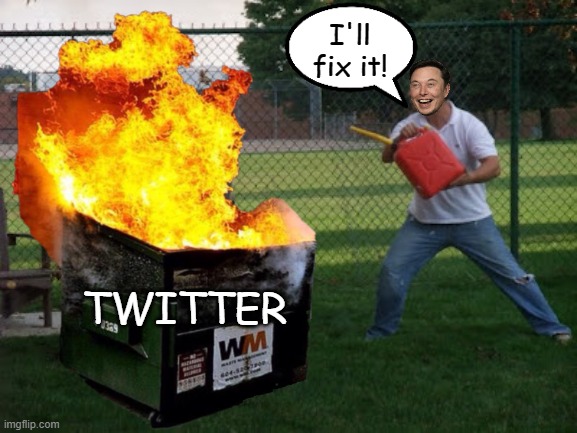 Elon to the Rescue! | I'll fix it! TWITTER | image tagged in twitter,elon musk,dumpster fire | made w/ Imgflip meme maker