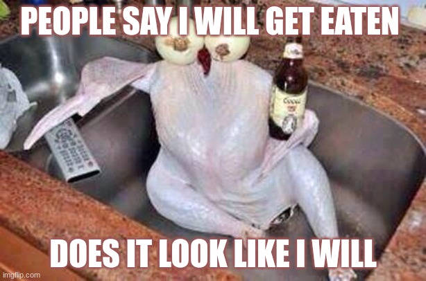 Turkey | PEOPLE SAY I WILL GET EATEN; DOES IT LOOK LIKE I WILL | image tagged in turkey | made w/ Imgflip meme maker