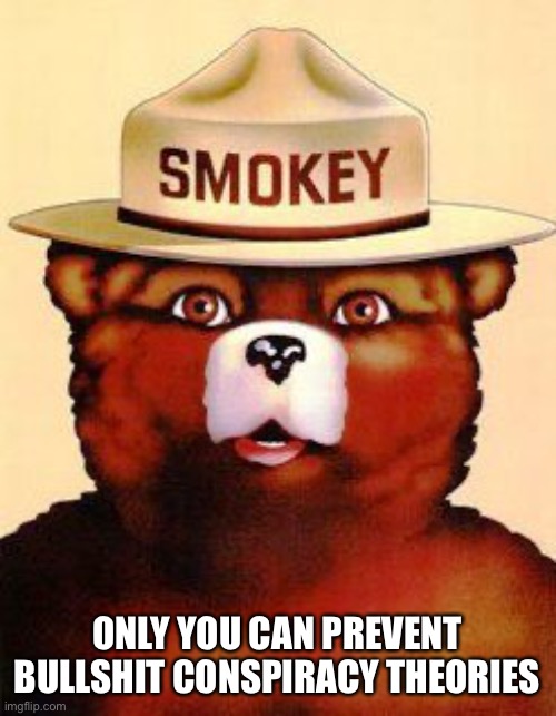 Smokey The Bear | ONLY YOU CAN PREVENT BULLSHIT CONSPIRACY THEORIES | image tagged in smokey the bear | made w/ Imgflip meme maker