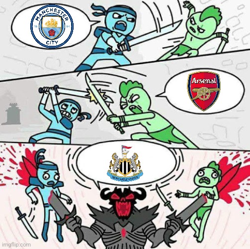 This Season's Premier League Title Race be like... | image tagged in sword fight,premier league,manchester city,arsenal,newcastle | made w/ Imgflip meme maker