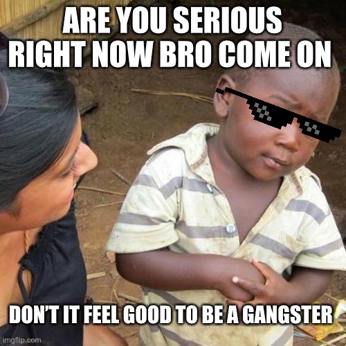 Third World Skeptical Kid Meme | ARE YOU SERIOUS RIGHT NOW BRO COME ON; DON’T IT FEEL GOOD TO BE A GANGSTER | image tagged in memes,third world skeptical kid | made w/ Imgflip meme maker